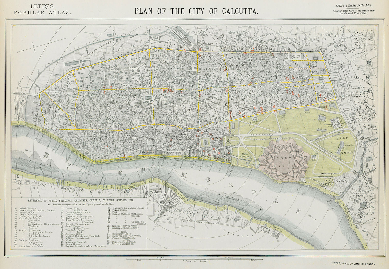 CALCUTTA KOLKATA antique town city map plan. Public buildings. LETTS 1884